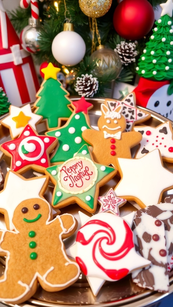 A colorful assortment of Christmas cookies including frosted sugar cookies, gingerbread men, and peppermint bark on a festive platter.